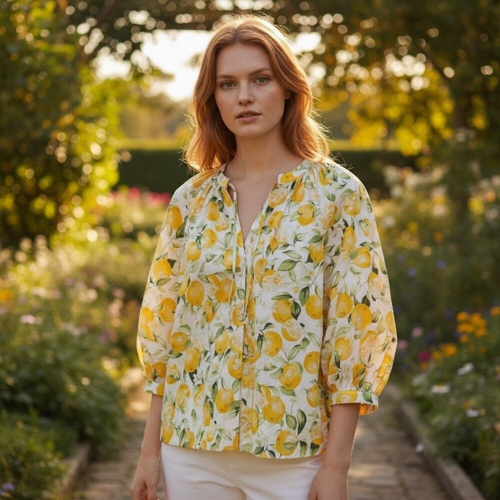 NWT H&M Lemon Print Cotton Blouse Citrus Pattern Puff Sleeve Top Size Small